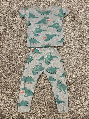 Kids Grey Dinosaur Pajama Set - Short Sleeve Top & Pants
